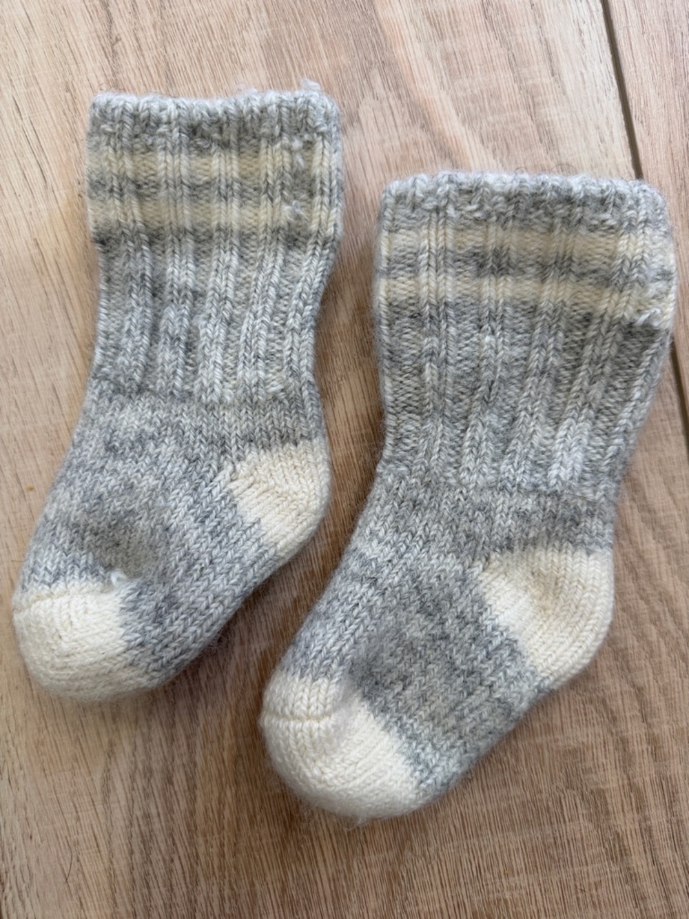 Hand-Knit Baby Socks in Gray & Cream Stripes
